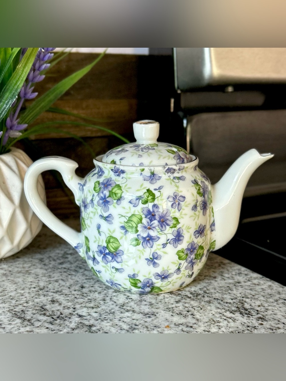 White Porcelain Teapot with Purple and Green Floral Print Design Lefton China
